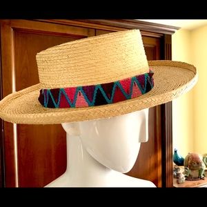 Handmade hard straw hat wide brim colorful ribbon